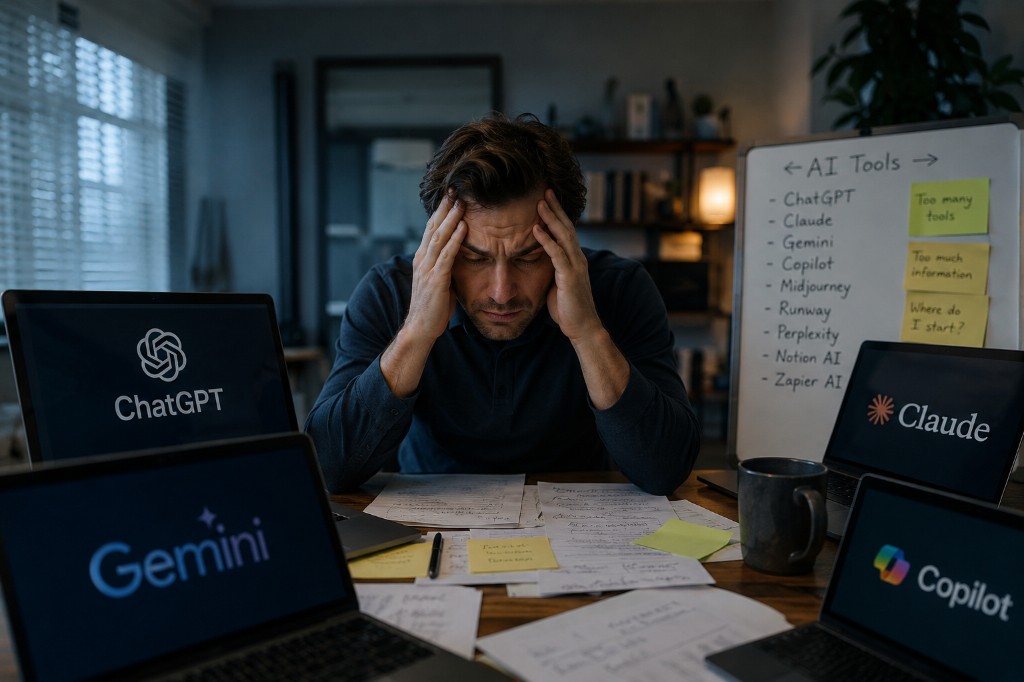 Business owner overwhelmed by multiple AI tools including ChatGPT, Gemini, Claude, and Copilot