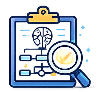 Clipboard with workflow analysis and magnifying glass