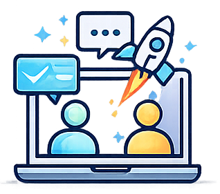 Strategy review video call with rocket launch