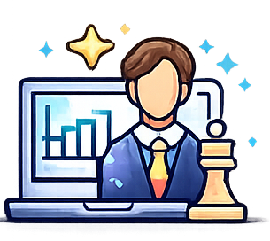 Business leader reviewing strategy with analytics and chess planning